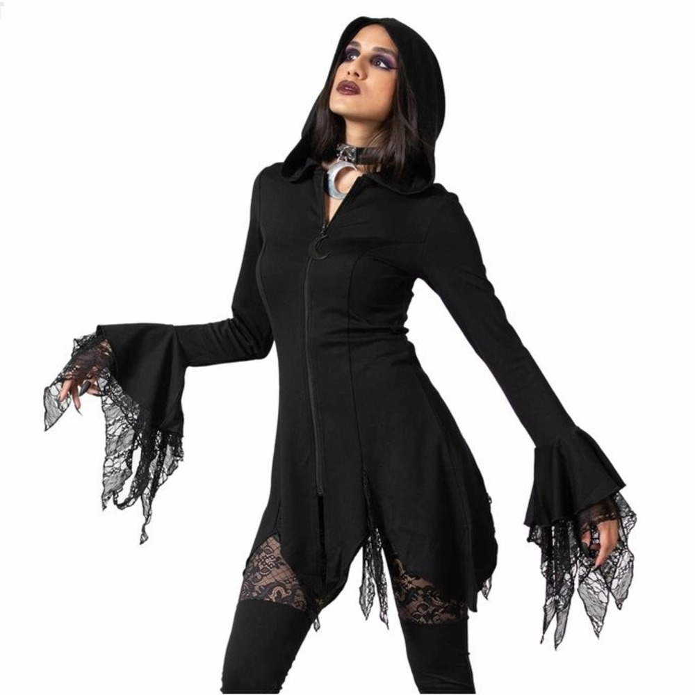 Killstar moon zone longline zip hoodie black lace hanky hem goth alternative